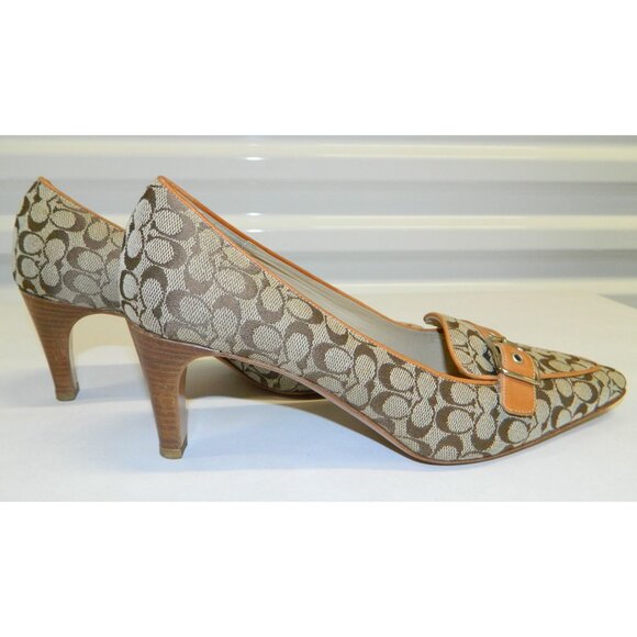 Coach Jayne 7.5 B Signature Canvas & Leather Heels In Tan/Brown Y2k Pumps  Shoes - Picture 7 of 15